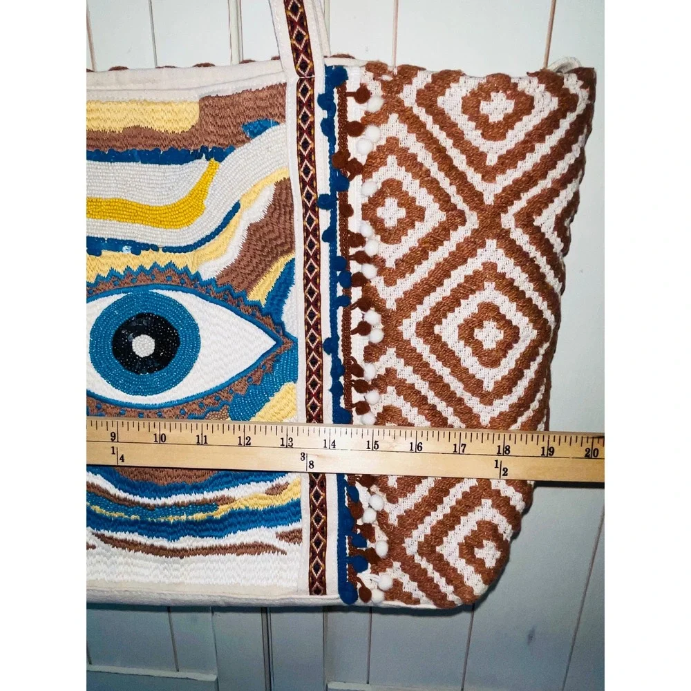 America & Beyond Beaded Evil Eye Tote Bag Southwestern Jacquard Shoulder Bag